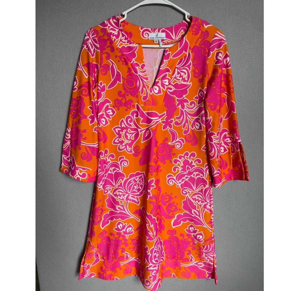 Jude Conally Stretch Jersey Shift Tunic Dress Women S Orange Pink Floral V-Neck